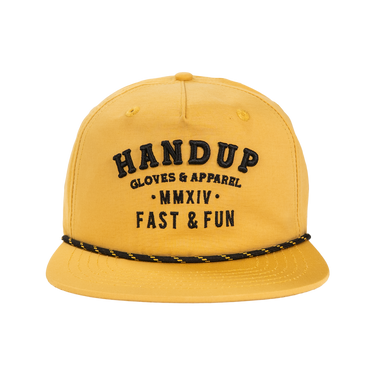 Yellow cap with black text on a white background