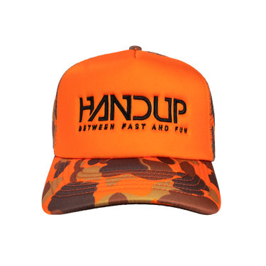 Orange and camouflage baseball cap with 'HANDUP' logo on a white background