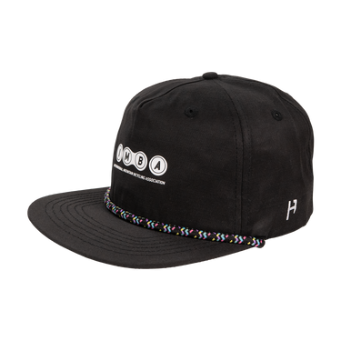 Black cap with colorful strap and visible branding on a white background