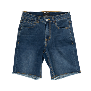 Blue denim shorts on a white background