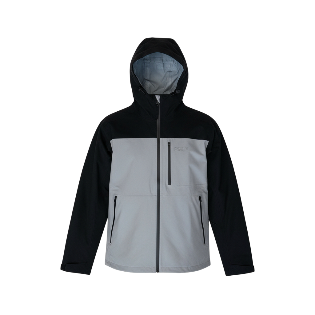 Two-tone black and gray jacket with a hood on a white background