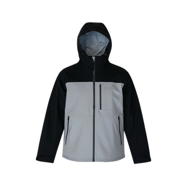 Two-tone black and gray jacket with a hood on a white background