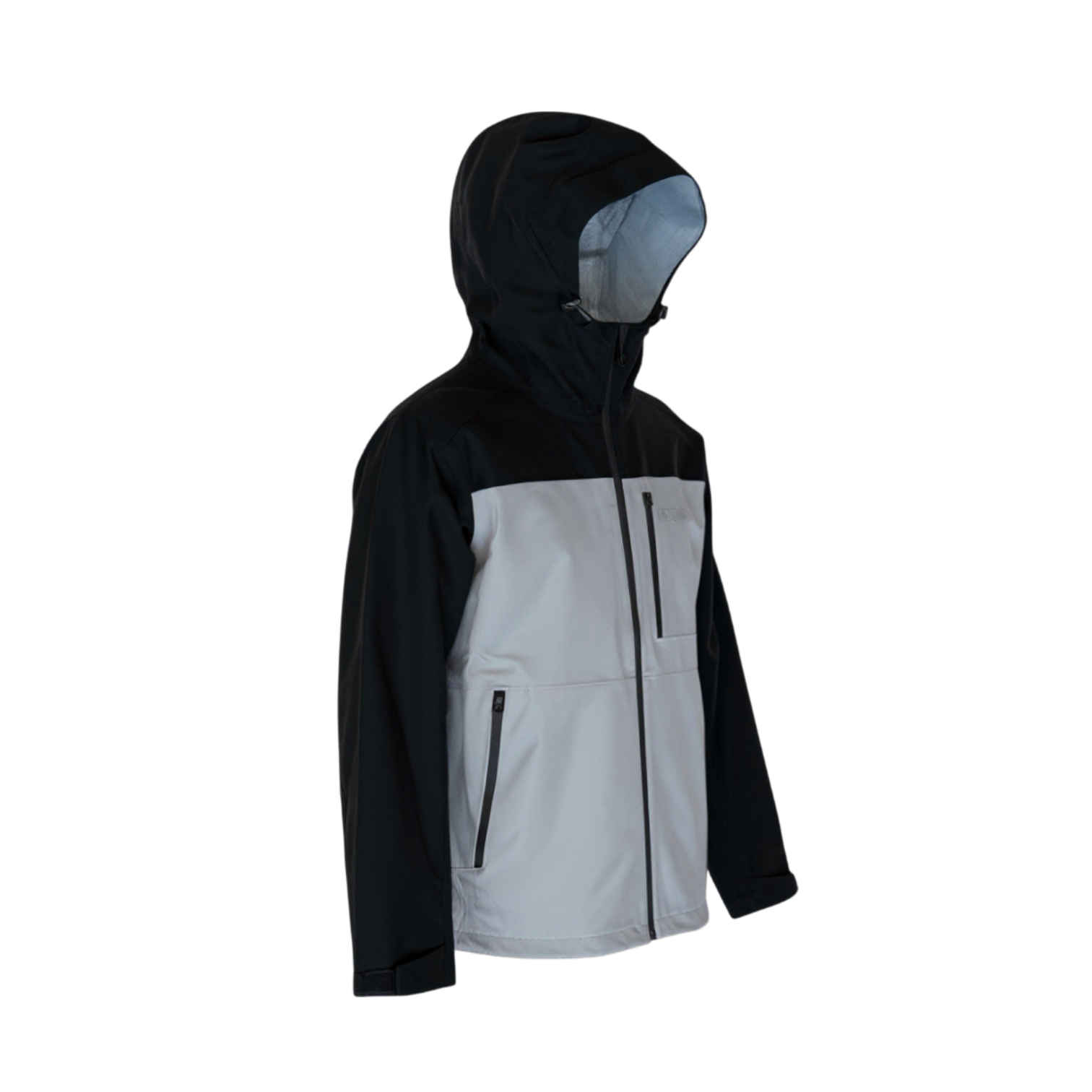 Black and gray jacket with a hood on a white background
