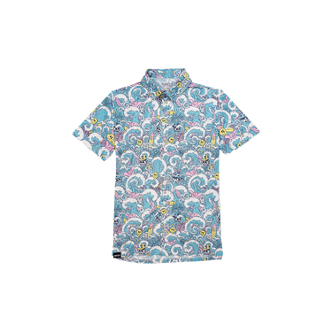 A youth-sized button-up shirt with a multicolored geometric pattern.