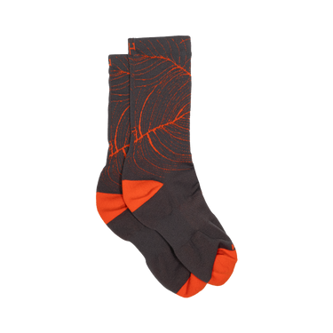 Pair of black and orange socks on a white background