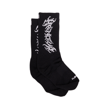 Black socks with white designs on a white background
