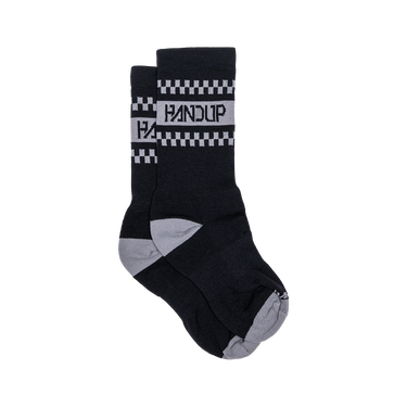 Black socks with gray accents and a brand logo on a white background