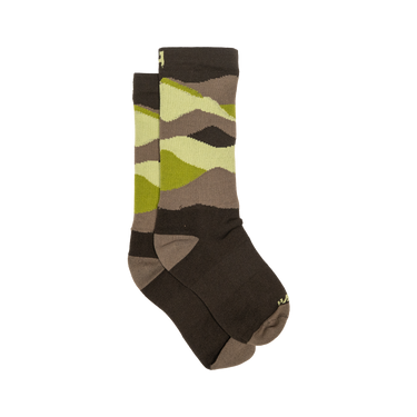 Pair of brown and green patterned socks on a white background