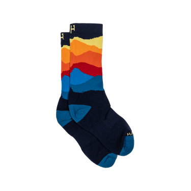 Colorful striped socks with a brand logo on a white background