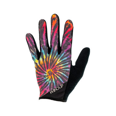 A multicolored tie-dye pattern on a pair of gloves with the brand name 'HANLUP' visible.