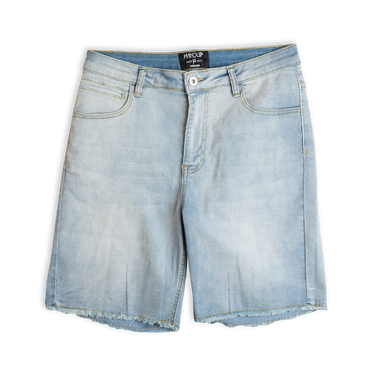 A pair of light blue denim jorts with a frayed hem.