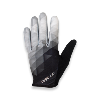 A single black and white geometric patterned glove designed for off road riding.