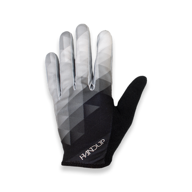 A single black and white geometric patterned glove designed for off road riding.
