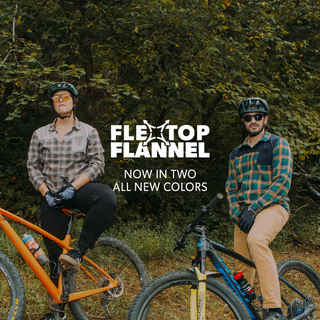 two people on bikes wearing flannel shirts and helmets, promoting FlexTop Flannels in two new colors