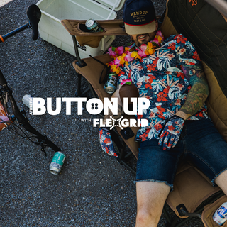 person laying in a camp chair with gloves on, with text overlayed that advertises 'button ups with flexgrid'