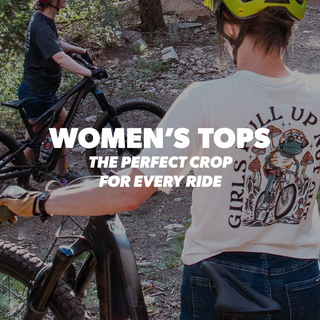 Photo with women riding mountain bikes including the text "women's tops, the perfect crop for every ride"