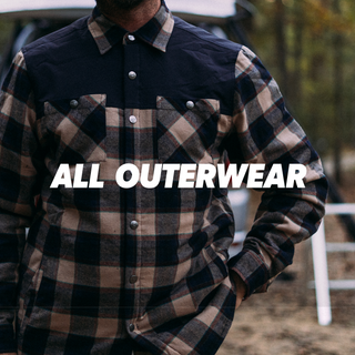 person wearing a plaid jacket with text overlayed promoting 'ALL OUTERWEAR'