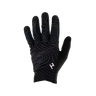 A pair of black cold weather gloves featuring a geometric pattern.