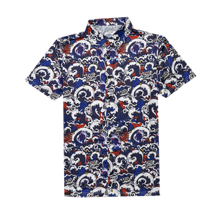 Short-sleeve button up shirt with a blue, red, and white pattern on a white background