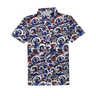 Short-sleeve button up shirt with a blue, red, and white pattern on a white background