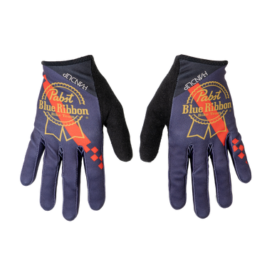 Pair of dark blue gloves with Pabst Blue Ribbon logo
