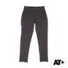 A pair of dark gray slim-fit cargo pants shown flat against a white background, featuring zippered side pockets and a button fly. An 'AT+' brand logo is visible in the bottom right corner.