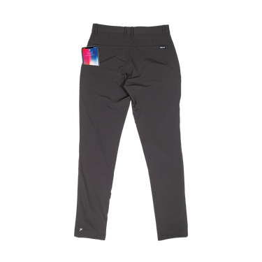 Dark gray athletic pants shown from the back, featuring a side pocket with a colorful tag and a small white logo near the back right pocket.