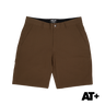 Brown shorts with a visible brand logo on a white background