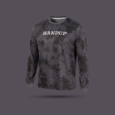 Black and gray camouflage long-sleeve shirt with 'HANDUP' logo on a dark gray background