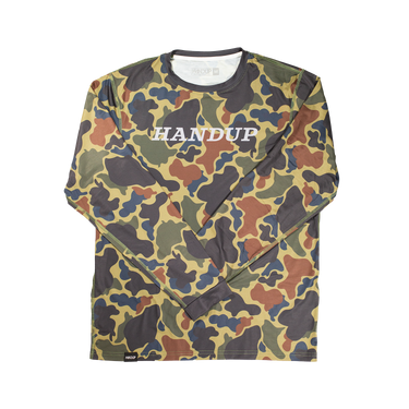 Camouflage long-sleeve shirt with 'HANDUP' text on a white background