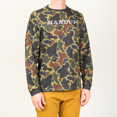 Camouflage long-sleeve shirt with 'HANDUP' text on a white background