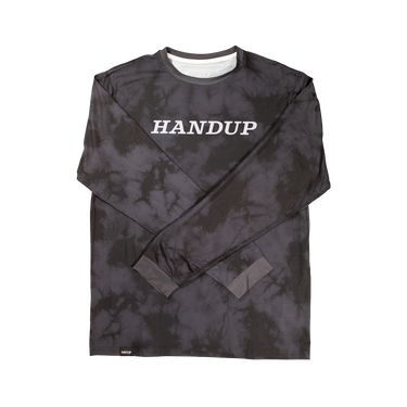 Black tie-dye long-sleeve shirt with 'HANDUP' text on a white background