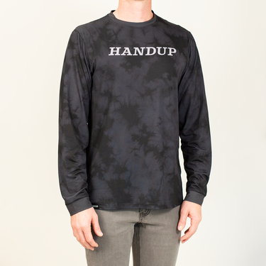 Black long-sleeve shirt with 'HANDUP' text on a beige background