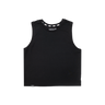 Black tank top with white logo on a white background