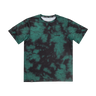 Green and black tie-dye t-shirt with a brand logo on a white background