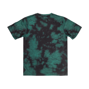 Tie-dye t-shirt with black and green pattern on a white background