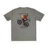 Gray t-shirt with a graphic of a person riding a bike and text on the back, on a white background.