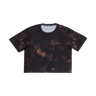 Black tie-dye t-shirt with a brand logo on a white background