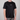 Person wearing a black t-shirt with a logo on a gray background