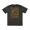 Black t-shirt with gold graphic design on the back against a white background