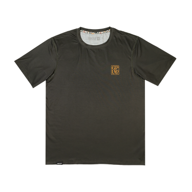 Black t-shirt with a logo on the chest against a white background