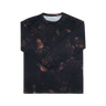 A long-sleeve athletic shirt, featuring a dark black base with a copper-brown and orange tie-dye pattern, laid flat against a white background.