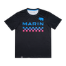 Black t-shirt with blue and pink checkered pattern and 'MARIN' branding on a white background