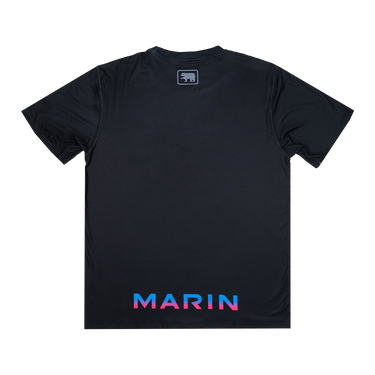 Black t-shirt with 'MARIN' logo on a white background