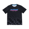 Black t-shirt with colorful 'Marin Bikes' logo on a white background
