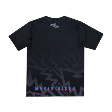 Black t-shirt with geometric pattern and 'Marin Bikes' text on a white background