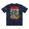 A dark navy blue tie-dye t-shirt with a large, colorful graphic print on the back. The graphic features the text 'PABST' in bold red letters at the top and 'BIKE CLUB' at the bottom, surrounding a detailed multicolor illustration of a psychedelic desert scene with cacti, a yellow dune, and a skull.