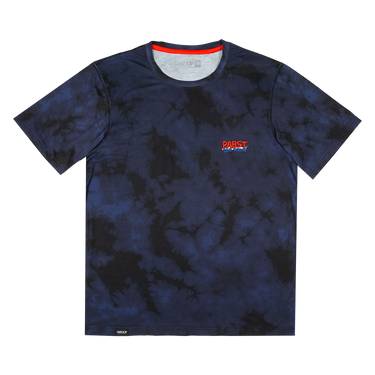 A short-sleeve crewneck t-shirt by Darsey London featuring a dark blue and black tie-dye pattern, with a small red and blue logo on the left chest.
