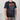 Black t-shirt with colorful graphic design on a plain background