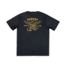 Black t-shirt with yellow graphic and text on a white background
